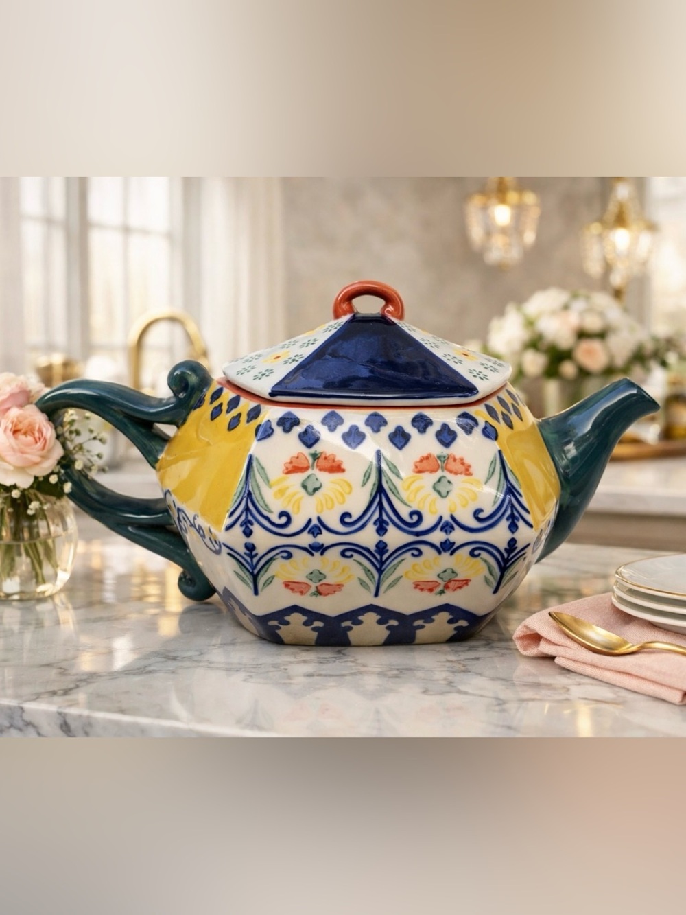 Collector’s RARE Floral ANTHROPOLOGIE  Biscuit Tea Pot, Excellent Condition